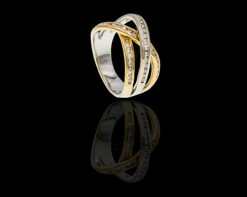7.1 grams 14 carat Two Tone (White and Yellow Gold) Diamond Crossover Half Eternity Ring