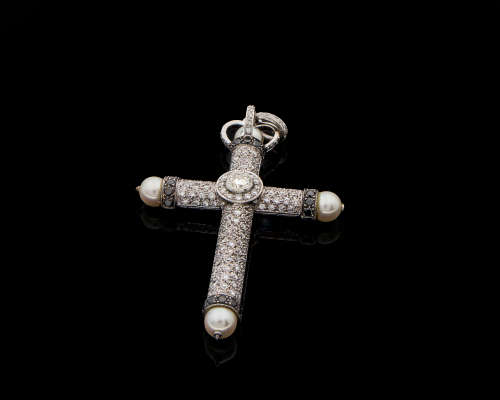 Magnificent White Gold Diamond and Pearl Cross Pendant