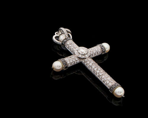 Magnificent White Gold Diamond and Pearl Cross Pendant