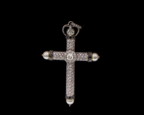 Magnificent White Gold Diamond and Pearl Cross Pendant