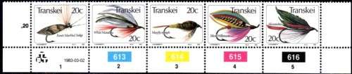 Transkei - 1983 Fishing Flies (4th series) Control Strip MNH SACC 116-120