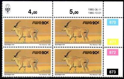 SWA - 1985 Definitive Wildlife 20c Reprint 1985.06.11 Control Block MNH