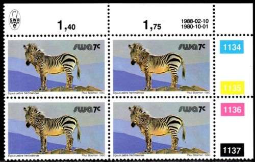SWA - 1986 Definitive Wildlife 7c Reprint 1988.02.10 Control Block MNH