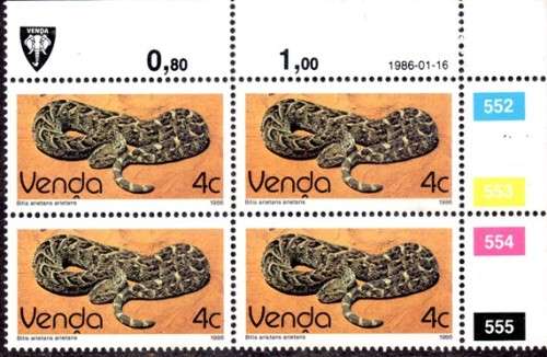Venda - 1986 Reptiles 4c Control Block 1986.01.16 MNH SACC 124