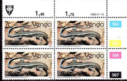 Venda - 1986 Reptiles 7c Control Block 1986.01.16 MNH SACC 127