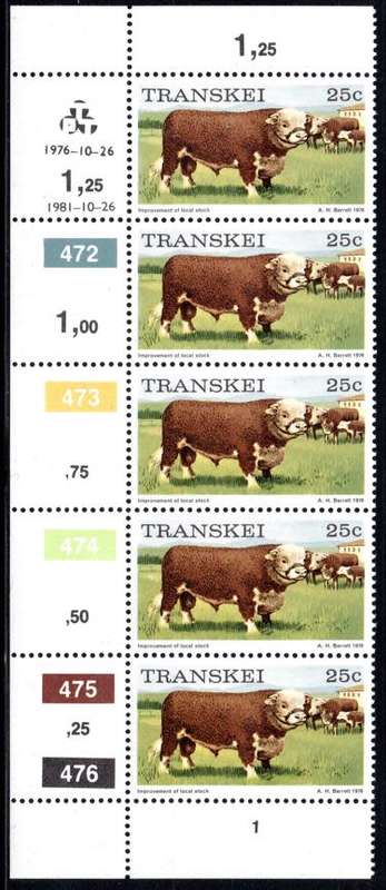 Transkei - 1982 Definitive 25c Reprint perf 14 Control Strip (1982.07.19) MNH