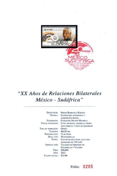 Mexico - 2013 Mexico SA Relations (Mandela) FD Card
