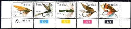 Transkei - 1980 Fishing Flies (1st series) Control Strip MNH SACC 65-69