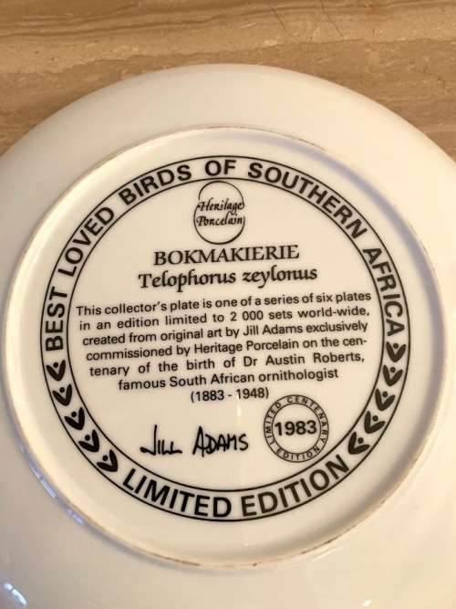 Heritage Porcelain Jill Adams Collector Bird Bokmakierie Plate