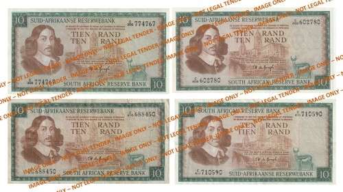 1975 10 Rand TW De Jongh 3rd Issue - 4 Notes (3 AE & 1 EA)