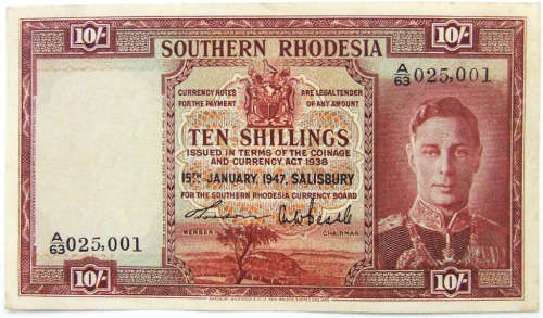 1947 Southern Rhodesia 10 Shilling note