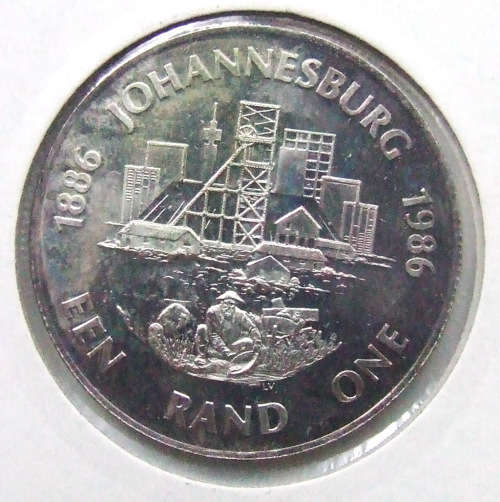 1986 South Africa Silver R1 "100yrs Johannesburg Mining"