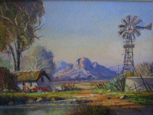 Veewagterspos met Windpomp.Les.Albertyn.620 x500 geraam in egte houtrame.