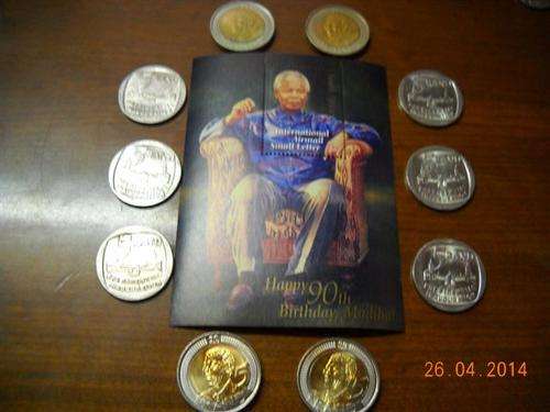 4 x 2008 Mandela R5 Coins + 6 x Presidential Inauguration R5 Coins + Mandela International Stamp