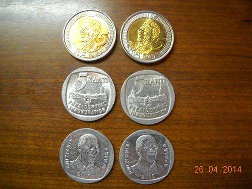 2 x Smiley Mandela 2000 + 2 x 1994 Inauguration + 2 x 2008 Birthday R5 Coins + Madiba Comic No.4
