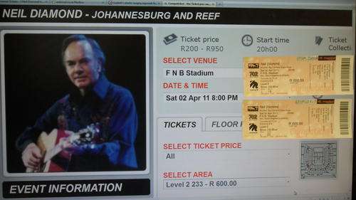 Neil Diamond - 2 Tickets together - Johannesburg FNB Stadium - 2 April