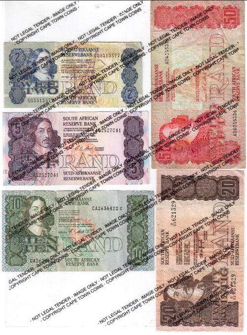 Lot of 5 assorted South African banknotes R1 - R50 - as per scan