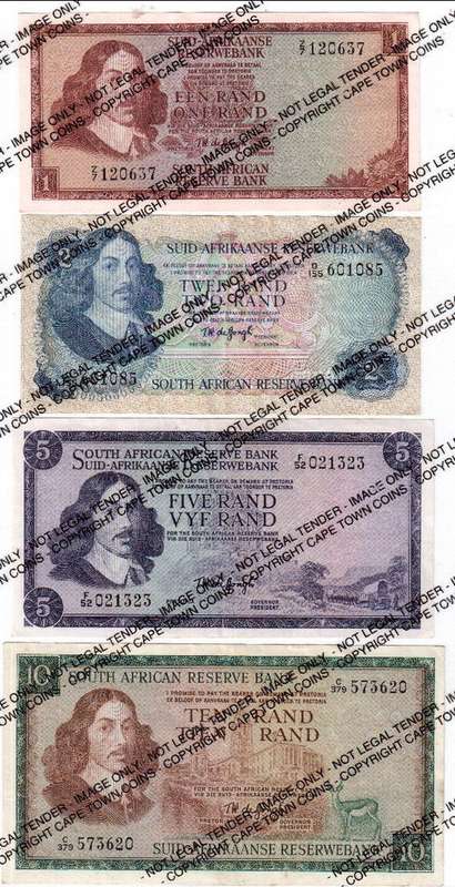 Set of 4 Tw de Jongh banknotes with Uncirculated replacement 1st issue R1 note, R1-R10 - as per scan