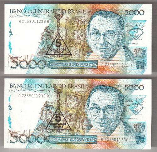 Lot of 2 Brasil 5000 Cruzados banknotes with 2 consecutive numbers - as per scan*