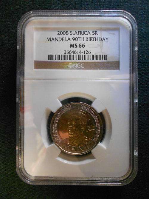 2008 South Africa R5 Mandela 90th Birthday, MS66 graded by NGC - as per scan*