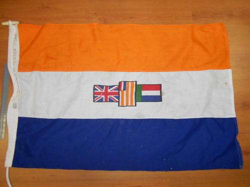 Old SA flag with wooden case with Vlaglied and Die Stem of SA - as per scan