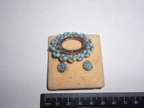 Set with vintage fashion brooch and earrings - turquoise stones - CRAZY R1 AUCTION