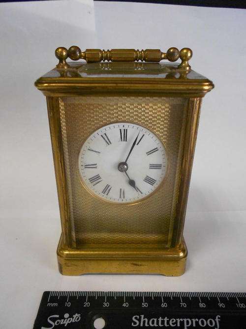 Brass carriage clock with 2 keys, not working and needs a service - as per scan