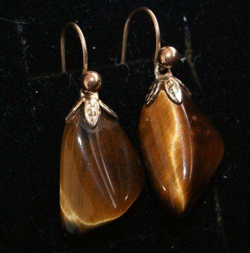9ct GOLD AND TIGERS EYE DROP EARRINGS@@@ CRAZZYYY R1 START
