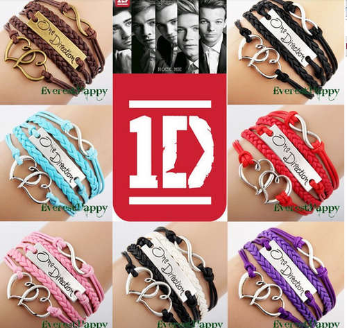 Mutilcolor vintage Sideways Charm One direction Heart Infinity Braided Bracelet Wristbands 1D f