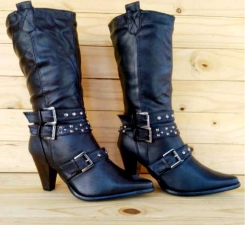 Size 6 **Latest Arrival** Stylish PU Leather Knee High with Triple Buckle Size 6 Only - Black