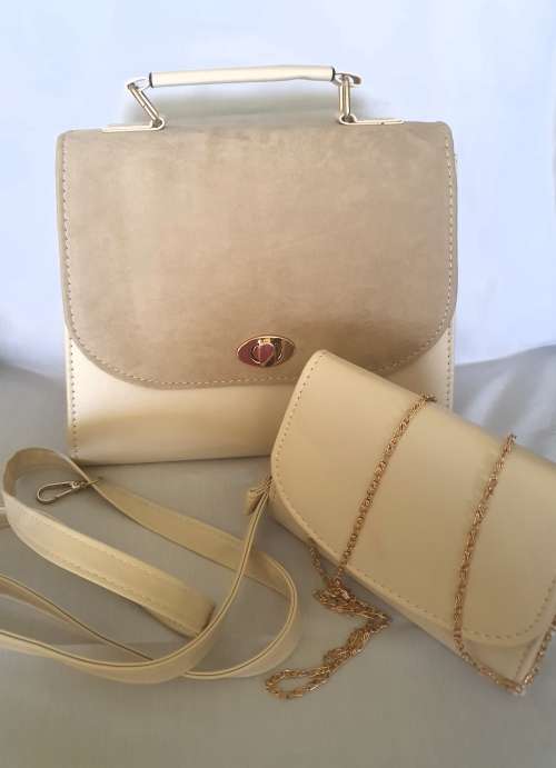 2 Piece Beige Handbag Suede Material with Inner Smaller Purse