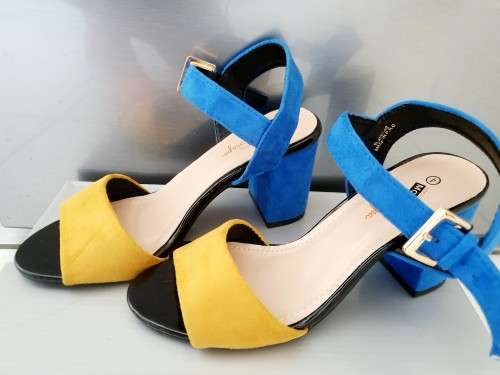 Ladies Open Toe Block heels - Size 4 Only (Two toned Blue / Mustard Suede)