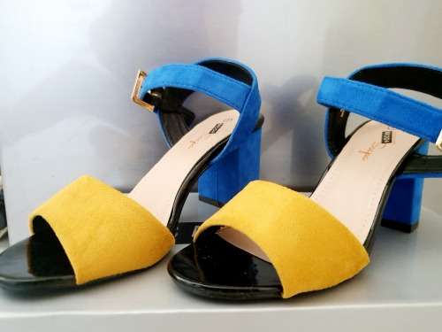 Ladies Open Toe Block heels - Size 4 Only (Two toned Blue / Mustard Suede)