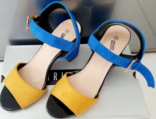 Ladies Open Toe Block heels - Size 4 Only (Two toned Blue / Mustard Suede)