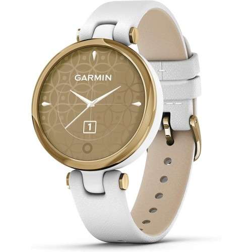 Garmin Lily, Small GPS Smartwatch with Touchscreen and Patterned Lens, Light Gold with White Leather