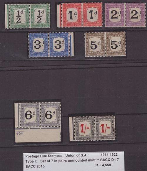 Postage Due Stamps  1914/22 Set of 7 ** D1 - 7 Dues in pairs