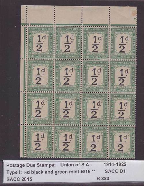 Postage Due Stamps  1914/22 1/2d B/16 mint ** D1 var.