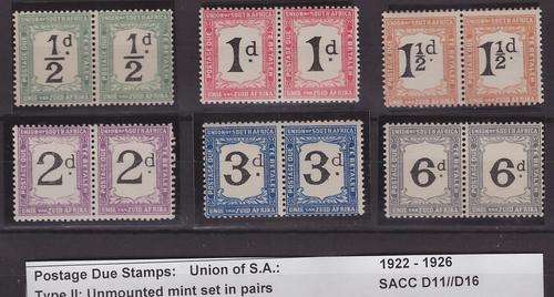 Postage Due Stamps  1922/26 Set of 6 in pairs ** D11 - 16 Dues