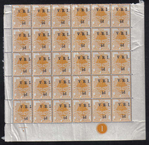 OFS 1/2d on 1/2d orange Control Block of 30, Mostly UM, raised stops, 3 stamps "thick V"