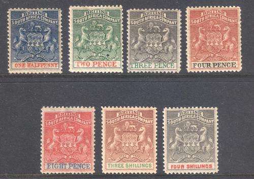 BSAC / Rhodesia : 1892 : SET OF 7 MM, 3/- TOP VALUE WITH CERTIFICATE