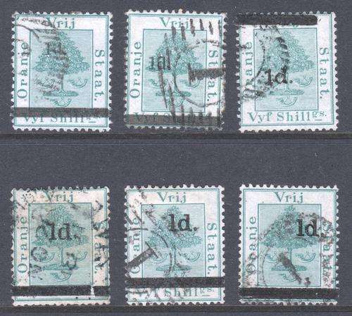 OFS - 1881 : 1d on 5s Green - 6 Used examples