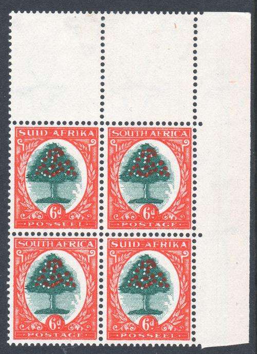 Union of SA - 6d Green & Red-Orange (III) - Block of 4 with "WHITE ORANGES" Variety(vignette shift)