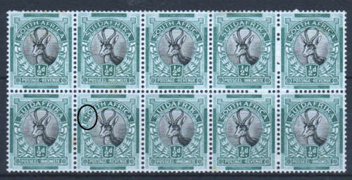 Union of SA -  1930 1/2 Black & Green Block of 10(INVERTED WATERMARK) "DOLLAR FLAW"