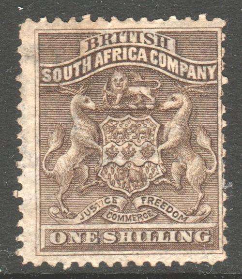BSAC / Rhodesia : SG7 1/- Grey-brown (Watermark `S`) CV £29(2017)