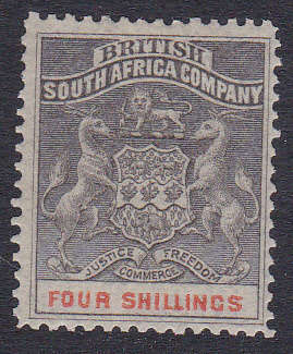 BSAC /Rhodesia 1892 SG26 4/- Grey-Black & Vermillion MM (CV £48)
