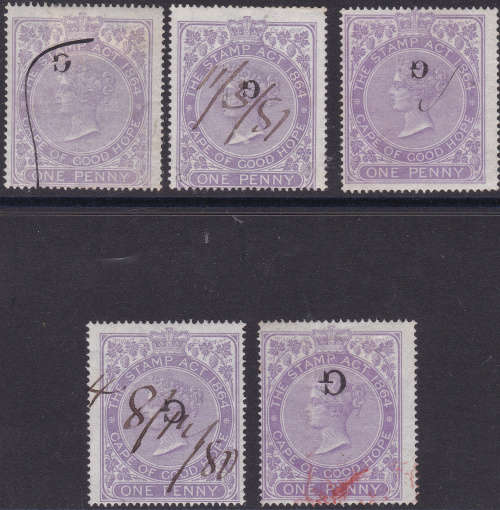 Griqualand West 5 x 1d Violet Revenue stamps with inverted `G` o/p