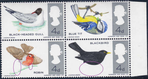 Great Britain - QEII 1966 BIRDS - SG696-SG699(ORD) Se-tenant BO4 WITH `MISSING LEGS` VARIETY UM