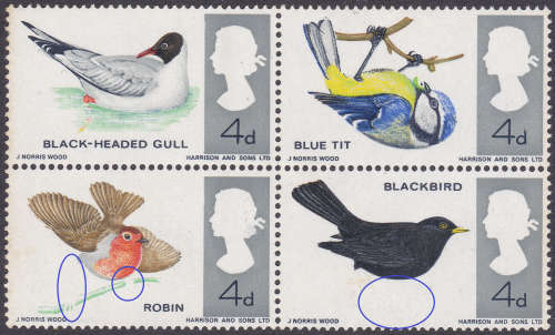 Great Britain - QEII 1966 BIRDS - SG696-SG699(ORD) Se-tenant BO4 WITH `MISSING LEGS` VARIETY UM