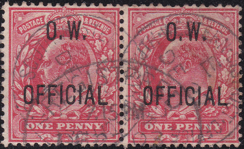 GB KEVII 1902 SG O37 1d Scarlet with `O.W. OFFICIAL` o/p VFU PAIR