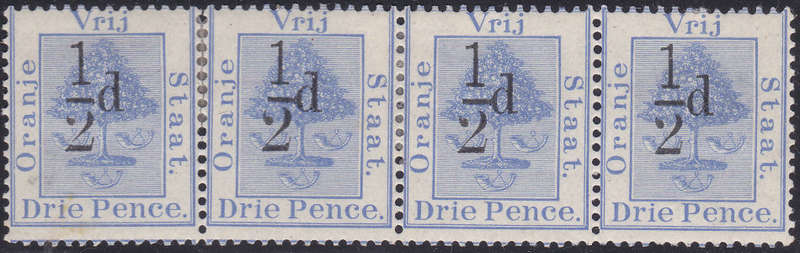 OFS 1896 SG74 ½d ON 3d ULTRAMARINE STRIP OF FOUR WITH SURCHARGE TYPE (f)